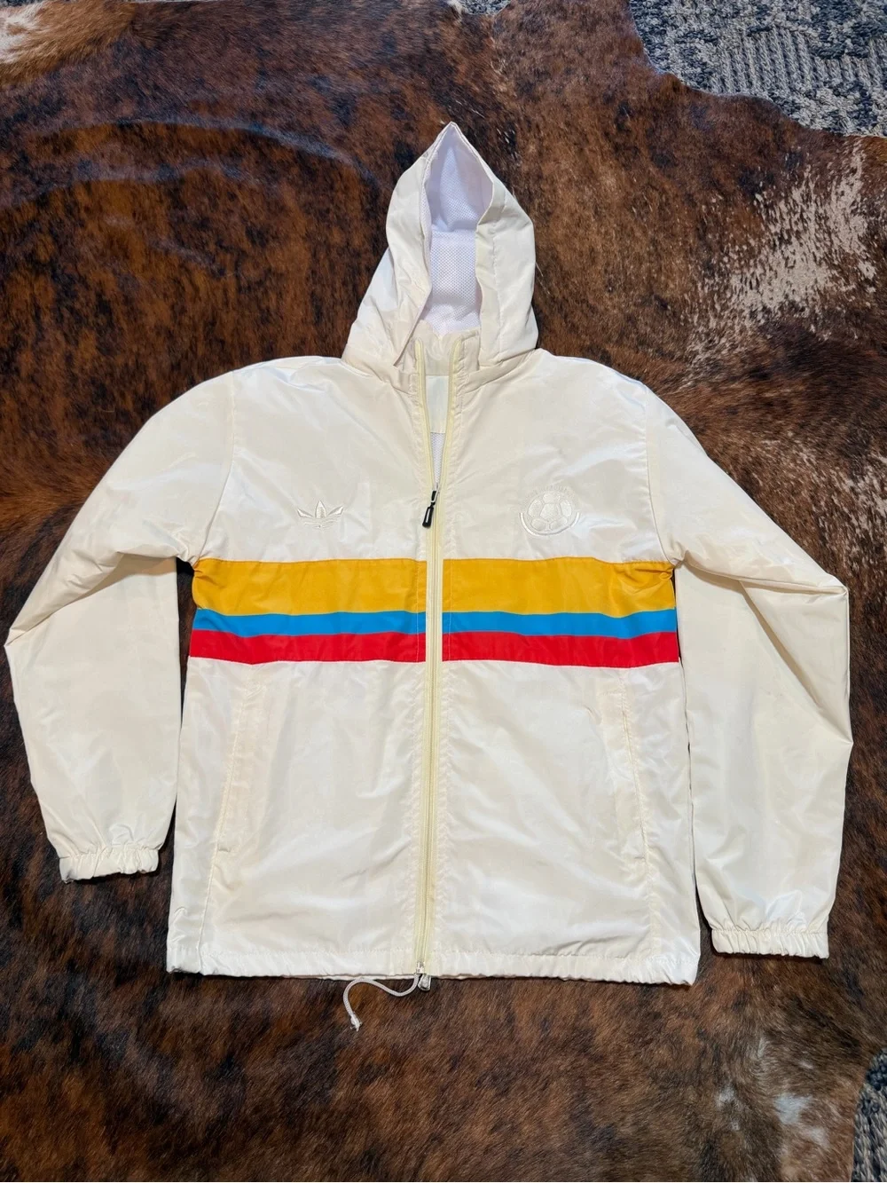 Vintage Adidas Colombia Soccer Jacket Mens M  White Yellow Blue Red Hooded RARE
